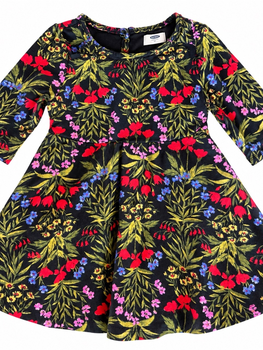 Old Navy Black Floral Fit-and-Flare Dress with Red, Blue & Green Print